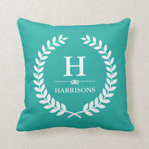 Elegant Laurel Wreath Decor Teal Green Monogram Throw Pillow