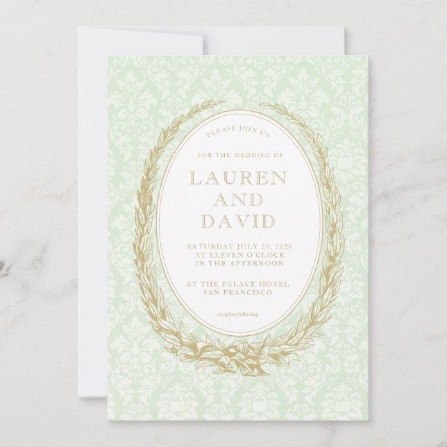 Elegant Laurel Wreath | Green Damask  Invitation (Front)