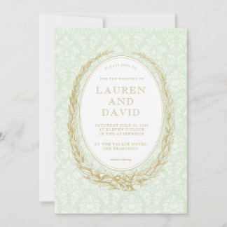 Elegant Laurel Wreath | Green Damask Invitation