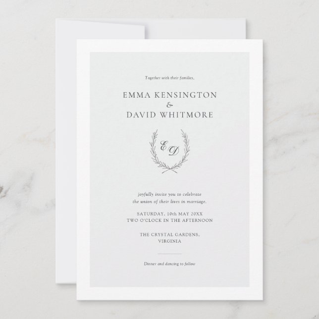 Elegant Laurel Wreath Minimalist Wedding Invitation (Front)