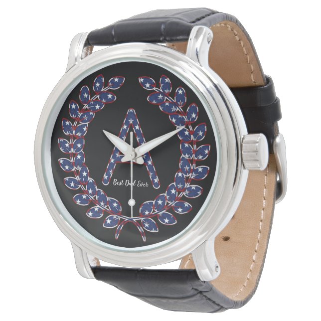Elegant Laurel Wreath Monogram A Stars and Stripes Watch (Angled)