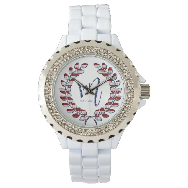 Elegant Laurel Wreath Monogram M Stars and Stripes Watch (Front)
