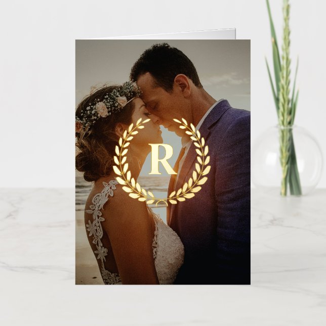 Elegant Laurel Wreath Monogram Photo Wedding Foil Greeting Card (Front)