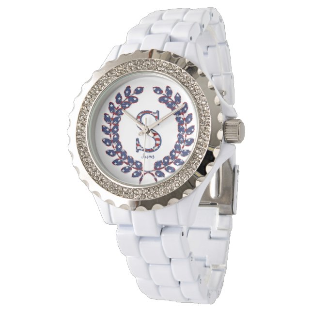 Elegant Laurel Wreath Monogram S Stars and Stripes Watch (Angled)