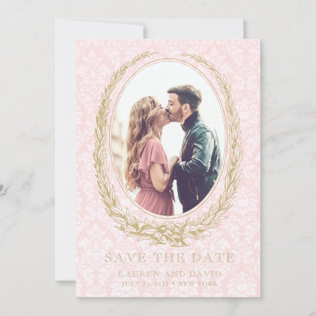 Elegant Laurel Wreath | Pink Damask Photo Save The Date (Front)