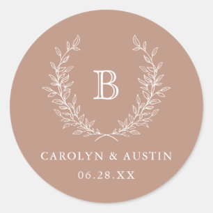 Elegant Laurel Wreath Wedding Monogram Envelope Classic Round Sticker