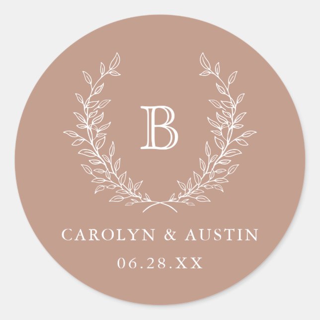 Elegant Laurel Wreath Wedding Monogram Envelope Classic Round Sticker (Front)