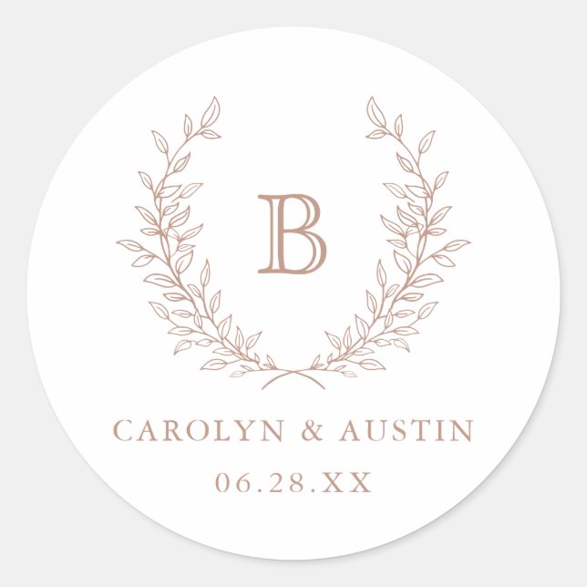 Elegant Laurel Wreath Wedding Monogram Envelope Classic Round Sticker (Front)
