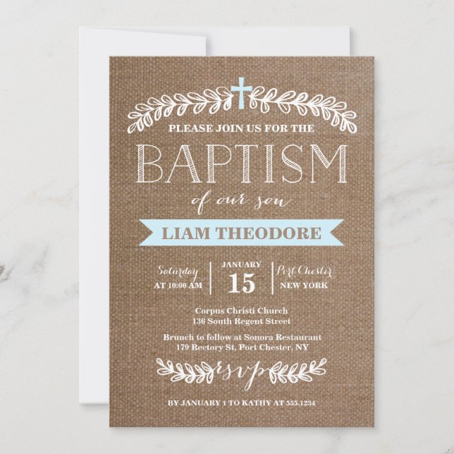 Elegant Laurels Blue | Baptism Invitation (Front)