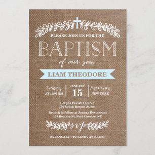 Elegant Laurels Blue   Baptism Invitation