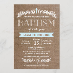 Elegant Laurels Blue   Baptism Invitation