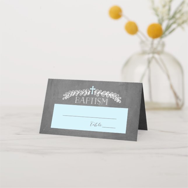 Elegant Laurels Blue | Dots Baptism Placecard (Front)