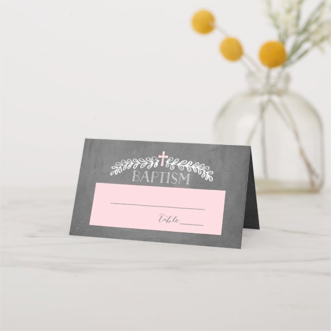 Elegant Laurels Pink | Baptism Placecard (Front)