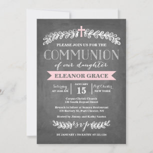 Elegant Laurels Pink   Communion Invitation