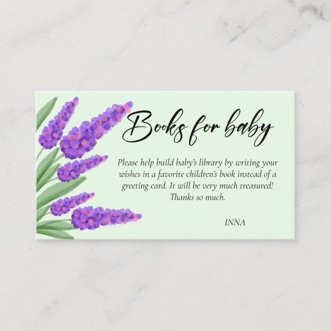 Elegant lavanda Script Books For Baby Shower Enclo Enclosure Card (Front)
