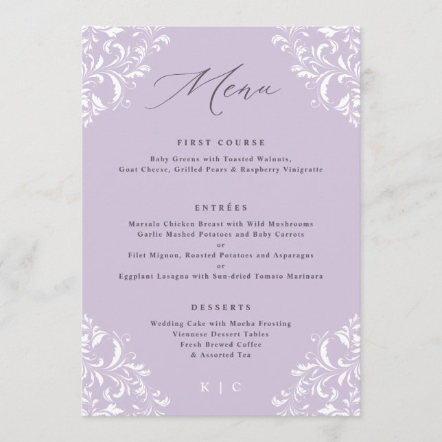 Elégant Lavande violet Vintage Mariage Menu (Devant)