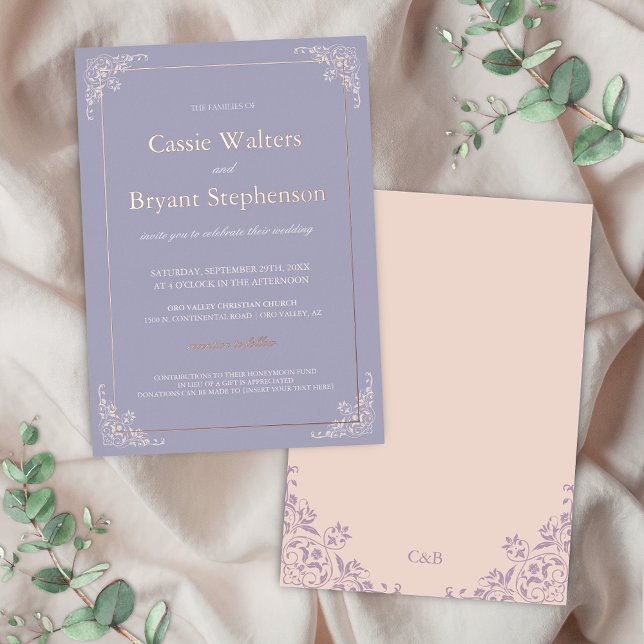 Elegant Lavendar Blush Pink Minimal Wedding (lavender purple and blush pink with rose gold foil wedding invitations for romantic garden events)