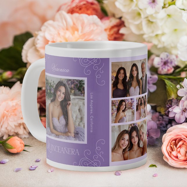 Elegant Lavender 6 Photo Collage Quinceañera Large Coffee Mug (Creator Uploaded)