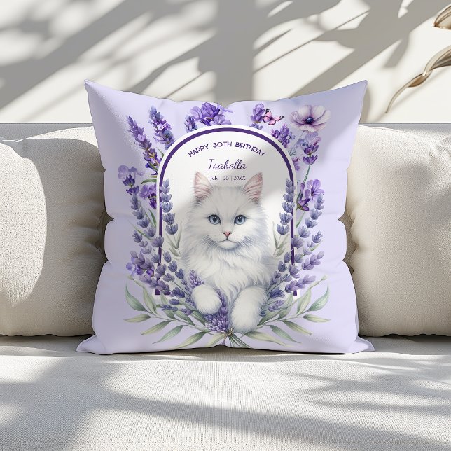 Elegant Lavender and Cat Birthday Throw Pillow (Creator Uploaded)