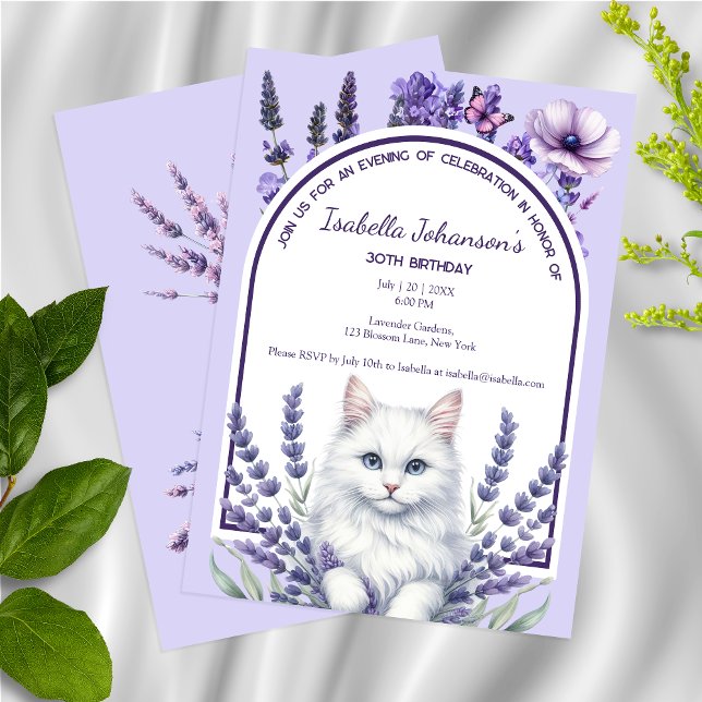 Elegant Lavender and White Cat Birthday Invitation (Creator Uploaded)