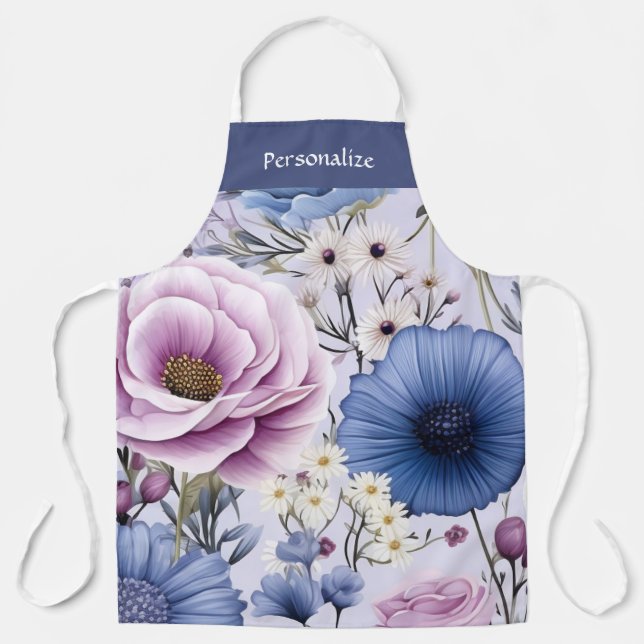 Elegant Lavender Blue White Flower Garden Floral  Apron (Front)