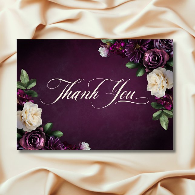 Elegant Lavender & Burgundy Floral Script Wedding Thank You Card (Elegant Lavender & Burgundy Floral Script Wedding Thank You Card)