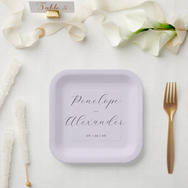 Elegant Lavender Calligraphy Paper Plate (Wedding)