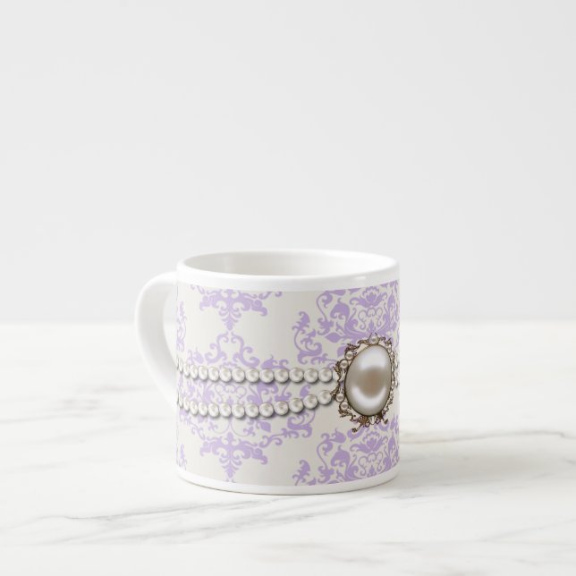 Elegant Lavender Damask with Pearls Espresso Mug (Front Left)