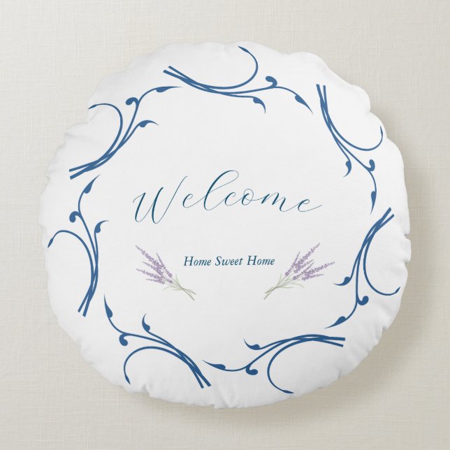 Elegant Lavender & Dusty Blue Circle style Welcome Round Pillow (Front)
