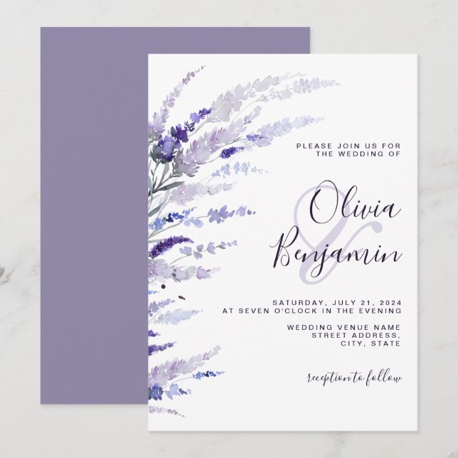 Elegant Lavender Dusty Purple Wildflowers Wedding Invitation (Front/Back)