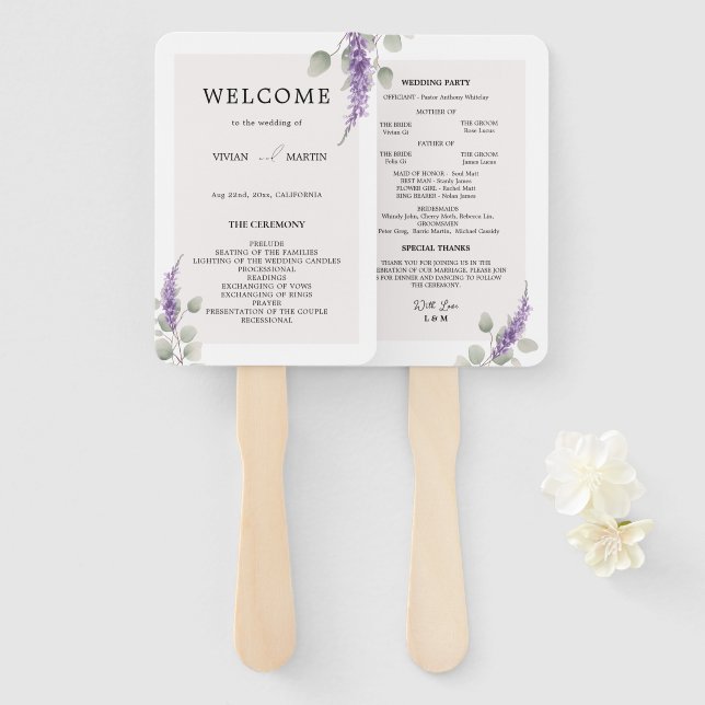 Elegant Lavender Eucalyptus Leaves Wedding Program Hand Fan (Front and Back)