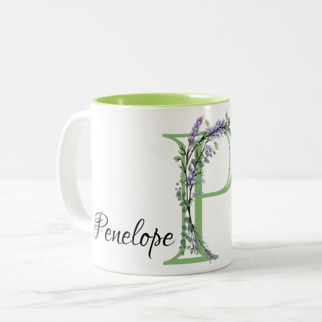 Elegant Lavender Eucalyptus monogrammed letter P Two-Tone Coffee Mug (Front Left)