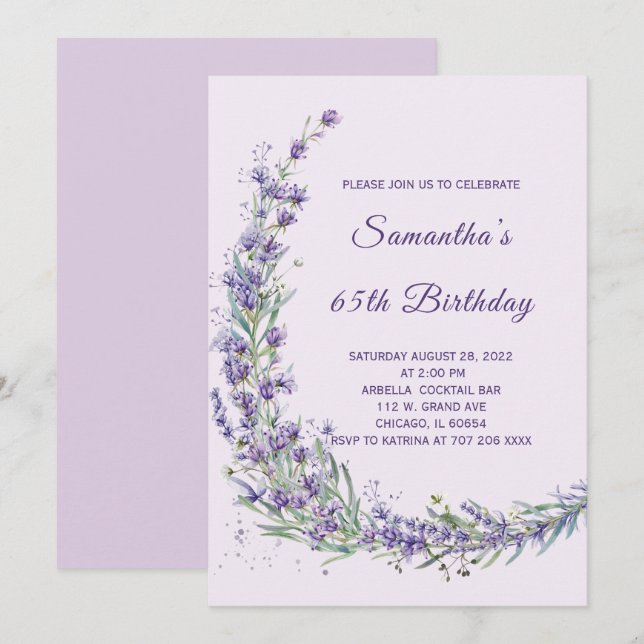 Elegant Lavender Floral 65th Birthday  Invitation (Front/Back)