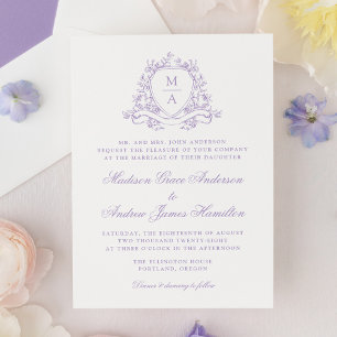 Elegant Lavender Floral Crest Monogram Wedding Invitation