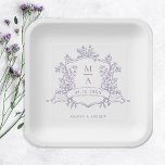 Elegant Lavender Floral Crest Monogram Wedding Paper Plate<br><div class="desc">Classic lavender floral crest wedding paper plate with monograms,  perfect for a modern classic or romantic vintage wedding. For more advanced customization of this design,  please click the BLUE DESIGN TOOL BUTTON above! Matching items are also available.</div>