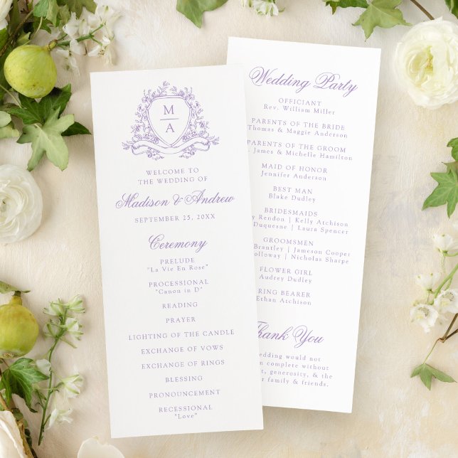 Elegant Lavender Floral Crest Monogram Wedding Program (Creator Uploaded)