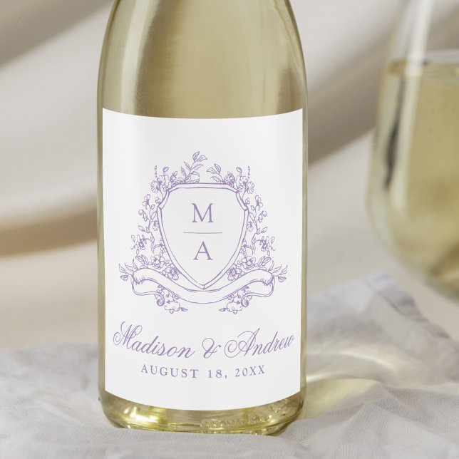 Elegant Lavender Floral Crest Monogram Wedding Wine Label (Creator Uploaded)