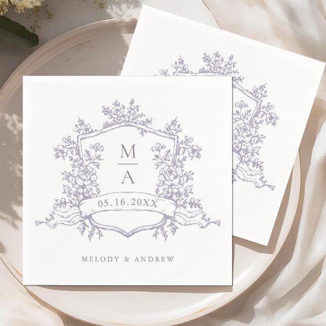 Elegant Lavender Floral Crest Monograms Wedding Napkin (Creator Uploaded)