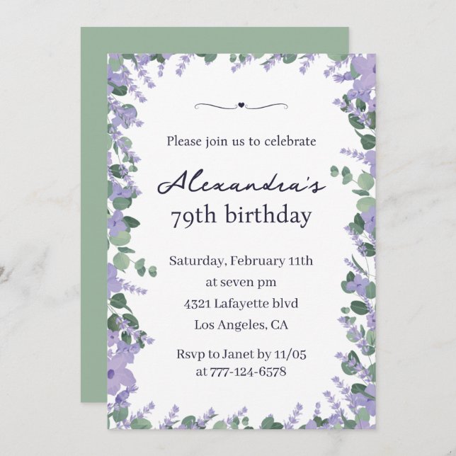 Elegant Lavender Floral Frame 79th birthday Invitation (Front/Back)