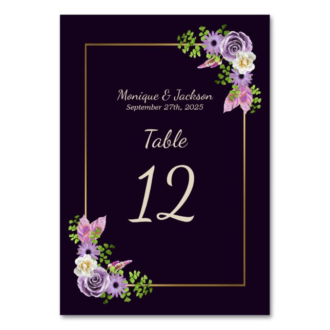 Elegant Lavender Floral Gold Frame Purple Wedding Table Number (Front)