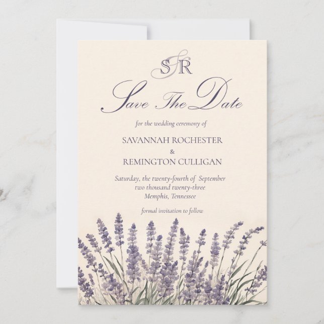 Elegant Lavender Floral Monogram Photo QR Code Save The Date (Front)