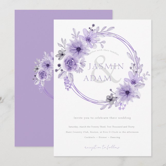 Elegant Lavender Floral Monogram Wedding Invitation (Front/Back)