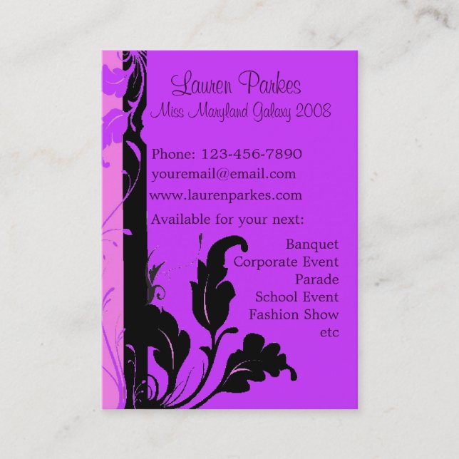 Elegant Lavender Floral Pageant Business Card (Front)