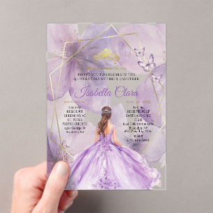 Elegant Lavender Floral Quinceañera Gold Acrylic Invitations