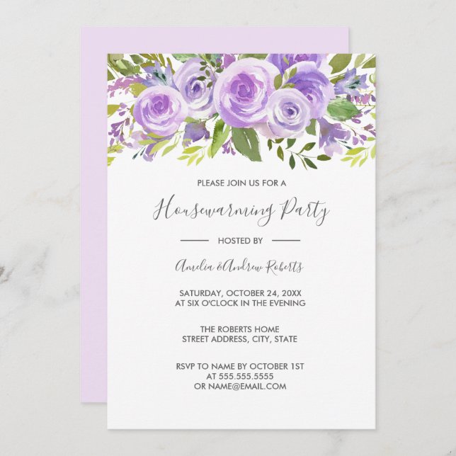 Elegant Lavender Floral Rose Housewarming Invitation (Front/Back)