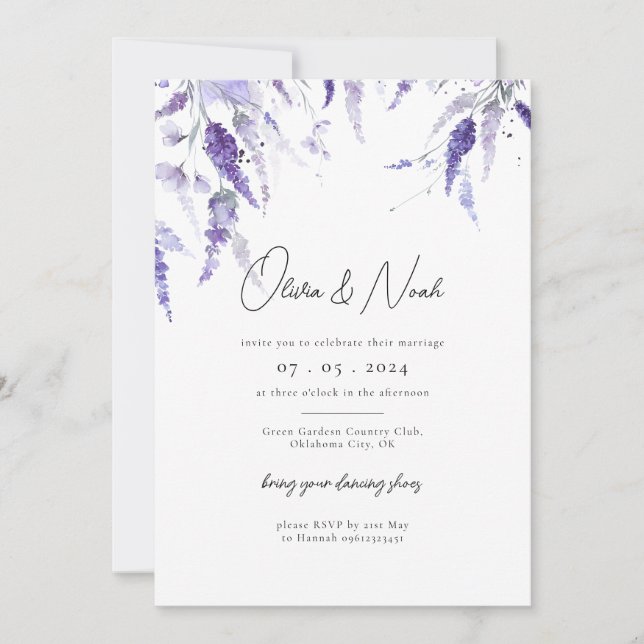 Elegant Lavender Floral Watercolor Lilac Wedding  Invitation (Front)