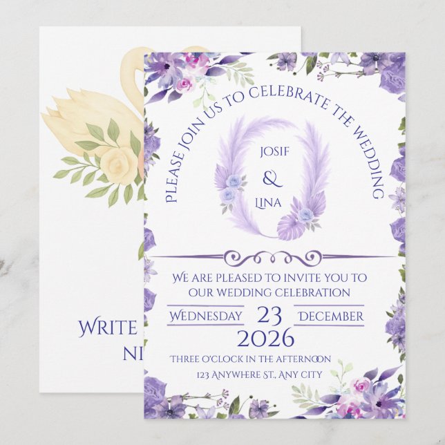 Elegant Lavender Floral Wedding Invitation (Front/Back)