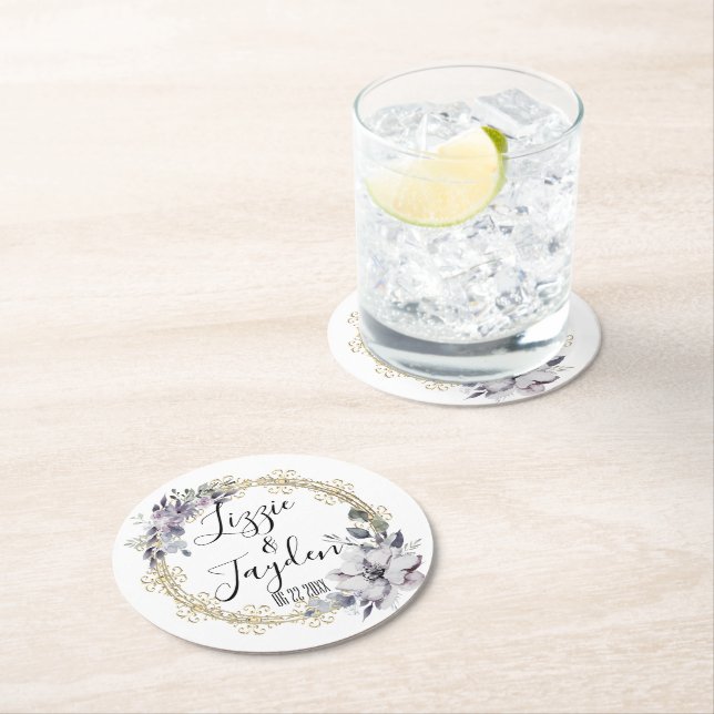 Elegant Lavender Floral Wreath Wedding Personalize Round Paper Coaster (Insitu)