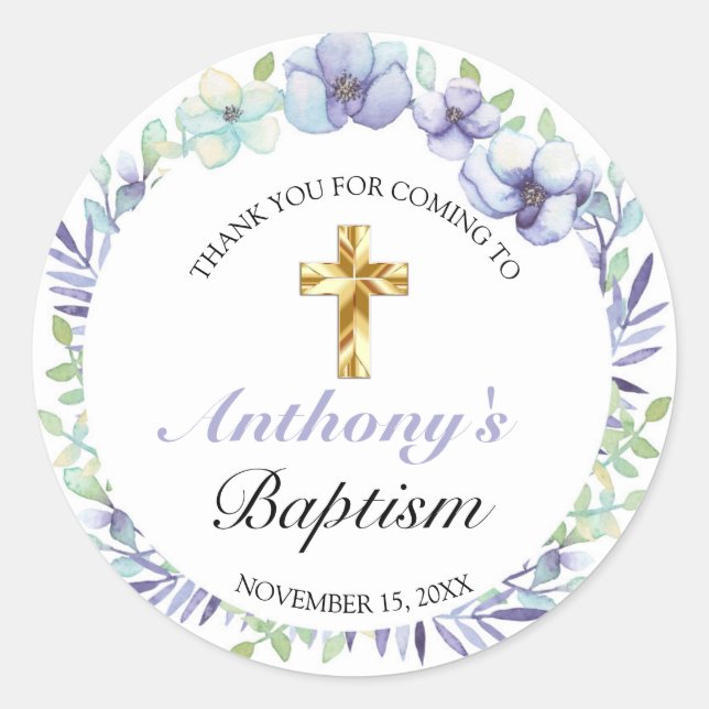 Elegant Lavender Gold Cross Baby Baptism Classic Round Sticker (Front)