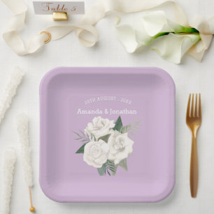 Elegant Lavender Haze and White Roses Wedding  Paper Plate